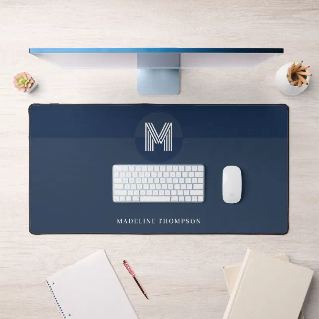 Chic Navy Blue Geometric Modern Monogram Desk Mat | Zazzle