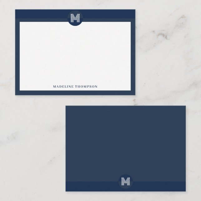Chic Navy Blue Geometric Modern Monogram Note Card (Front/Back)