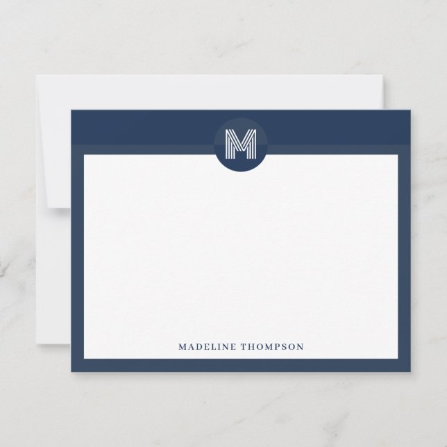 Chic Navy Blue Geometric Modern Monogram Note Card (Front)