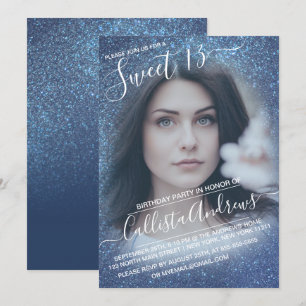 Chic Navy Blue Glitter Ombre Photo Sweet 13 Invitation