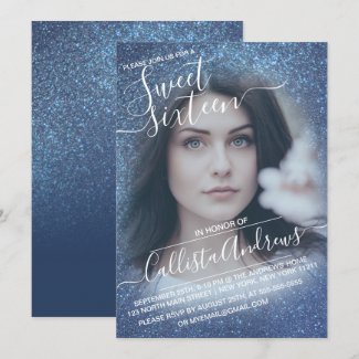 Chic Navy Blue Glitter Ombre Photo Sweet 16 Invitation
