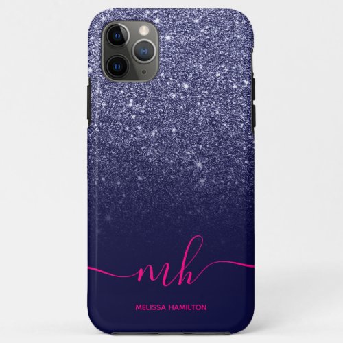 Chic navy blue glitter ombre pink monogrammed iPhone 11 pro max case