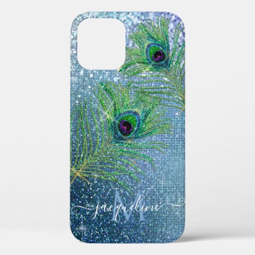 Chic Navy Blue Glitter Peacock Feathers Monogram iPhone 12 Case