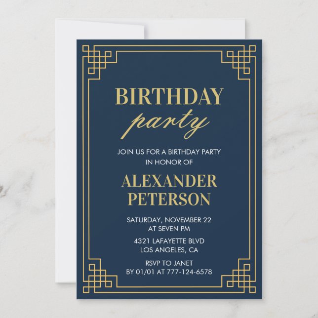 Chic Navy Blue Gold 64th Birthday Party Invitation (Front)