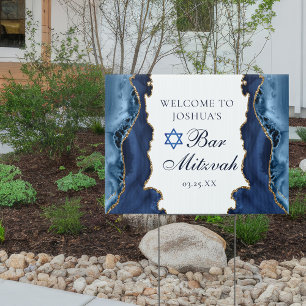 Chic Navy Blue Gold Agate Bar Mitzvah Party Yard Sign