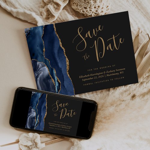 Chic Navy Blue Gold Agate Dark Save the Date Card