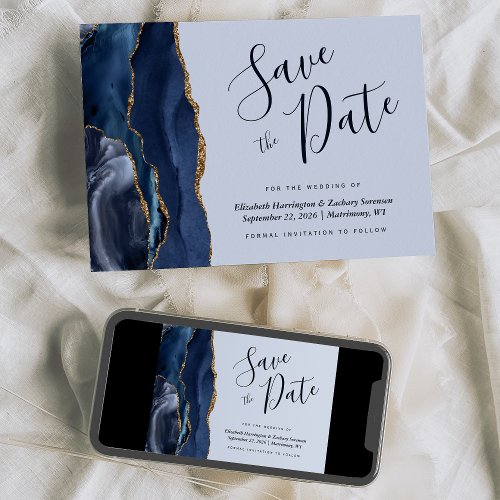 Chic Navy Blue Gold Agate Dark Save the Date Card
