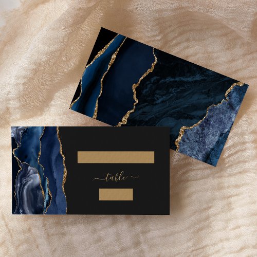 Chic Navy Blue Gold Agate Dark Wedding Escort Place Card