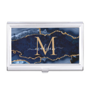 Chic Navy Blue Gold Agate Geode Feminine Monogram Business Card Case
