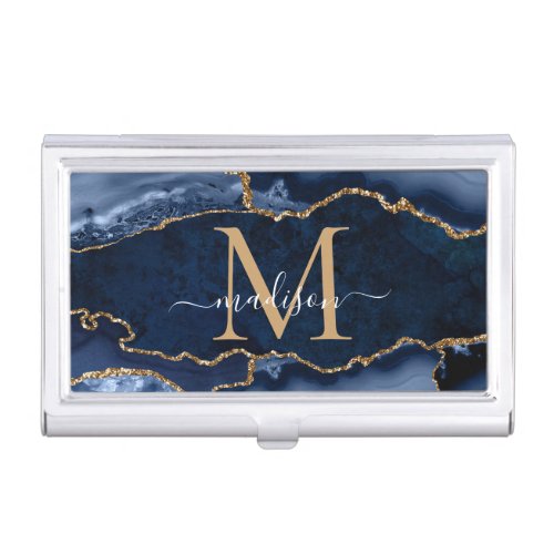 Chic Navy Blue Gold Agate Geode Feminine Monogram Business Card Case