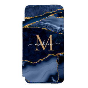 Chic Navy Blue Gold Agate Geode Feminine Monogram iPhone SE/5/5s Wallet Case