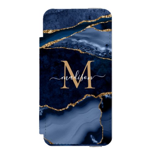 Chic Navy Blue Gold Agate Geode Feminine Monogram iPhone SE55s Wallet Case