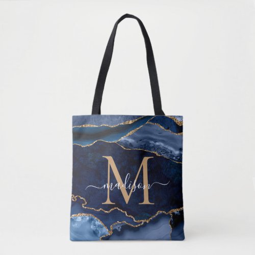 Chic Navy Blue Gold Agate Geode Feminine Monogram Tote Bag