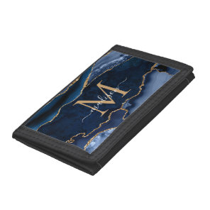 Chic Navy Blue Gold Agate Geode Feminine Monogram Tri-fold Wallet