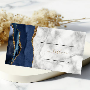 Chic Navy Blue Gold Agate Marble Wedding Place Card