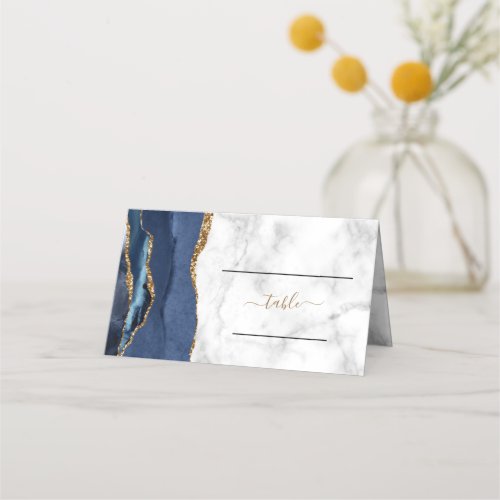 Chic Navy Blue Gold Agate Marble Wedding Place Card