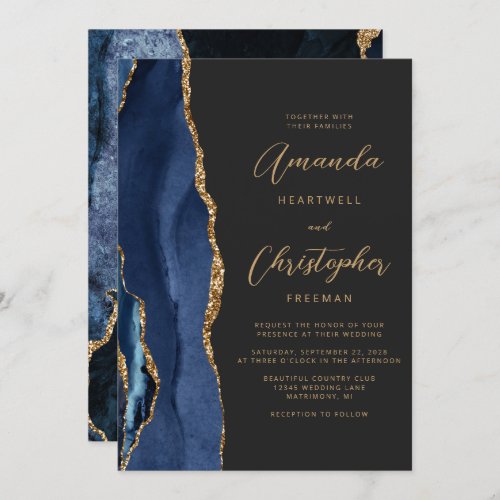 Chic Navy Blue Gold Agate Script Slate Wedding Invitation