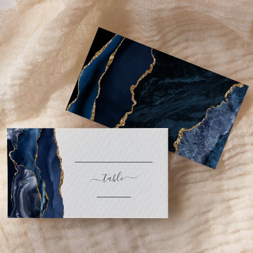 Chic Navy Blue Gold Agate Wedding Escort Place Card