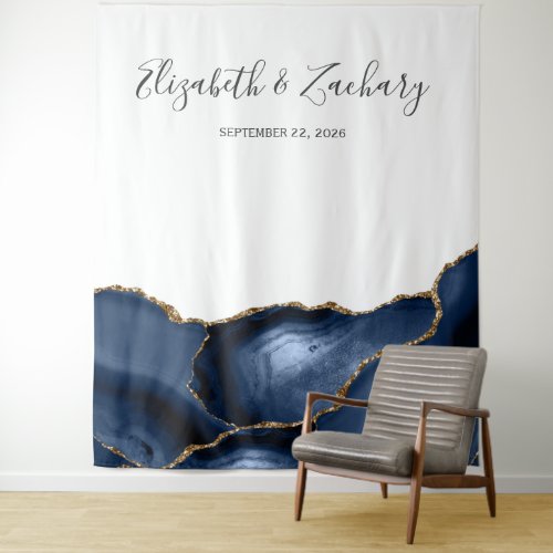 Chic Navy Blue Gold Agate Wedding Photo Booth Tapestry