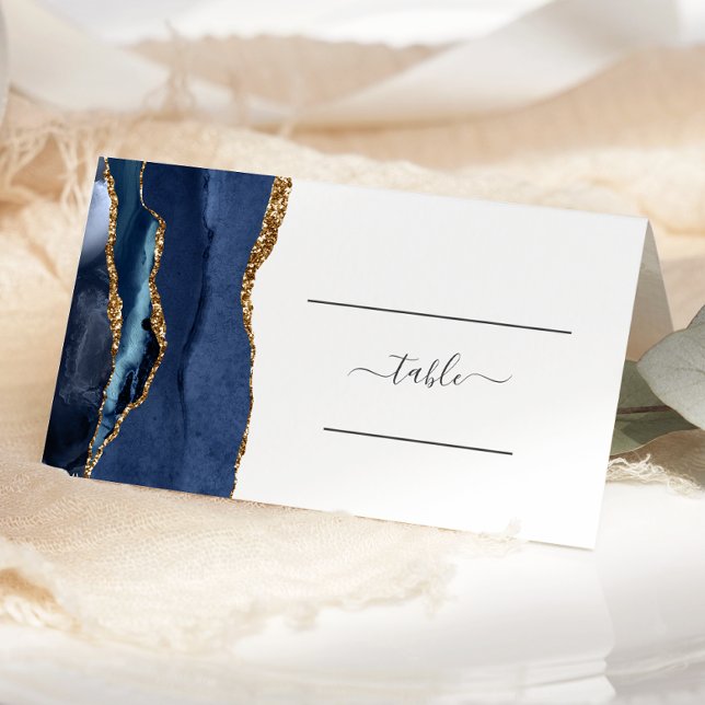 Chic Navy Blue Gold Agate Wedding Table Place Card (Creator Uploaded)