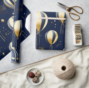 Chic Navy Blue Gold Balloon Celebrate birthday  Wrapping Paper