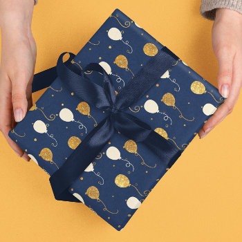Chic Navy Blue Gold Balloon Celebrate Birthday Wrapping Paper by ColorFlowCreations at Zazzle