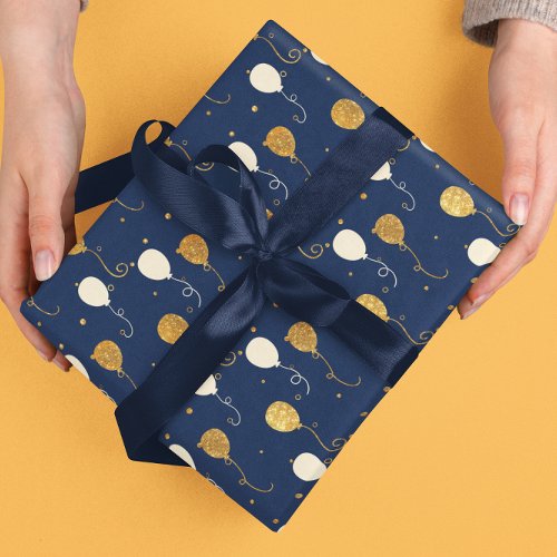 Chic Navy Blue Gold Balloon Celebrate Birthday Wrapping Paper