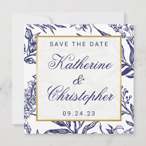 Chic Navy Blue Gold Botanical Save the Date Photo