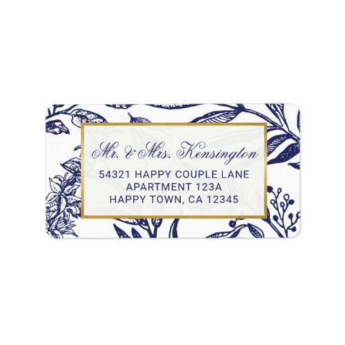 Chic Navy Blue Gold Botanical Wedding Address Label