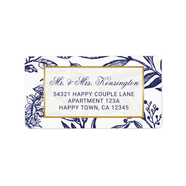 Chic Navy Blue Gold Botanical Wedding Address Label (Front)
