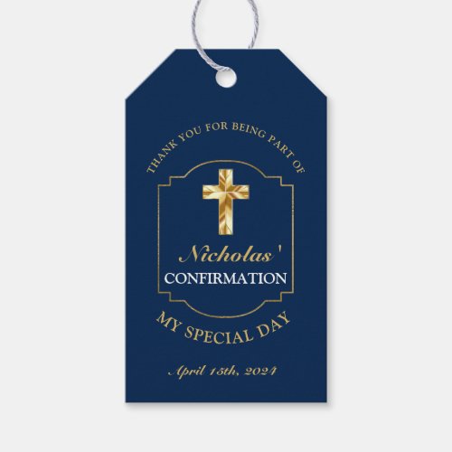 Chic Navy Blue Gold Boys Confirmation Thank You Gift Tags