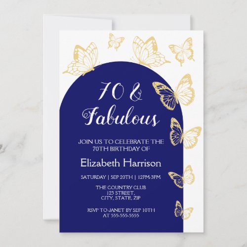 Chic Navy Blue Gold Butterflies Fabulous Birthday Invitation