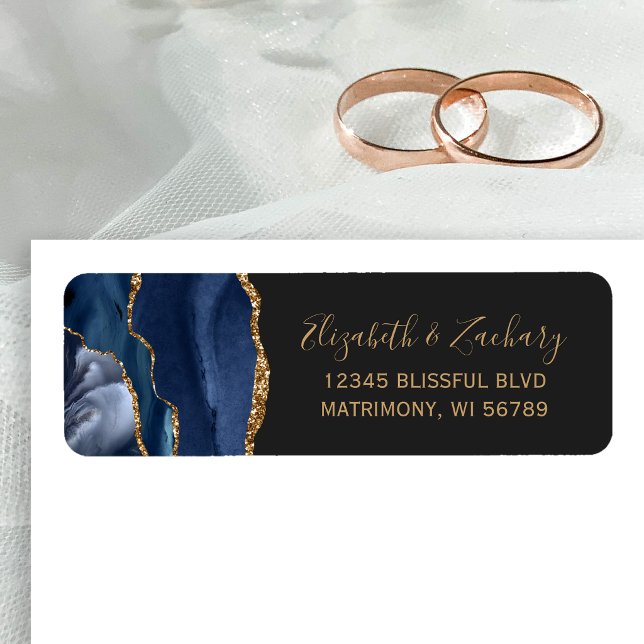 Chic Navy Blue Gold Dark Wedding Return Address Label (Creator Uploaded)
