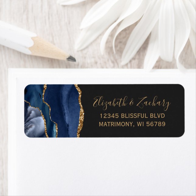 Chic Navy Blue Gold Dark Wedding Return Address Label (Insitu)