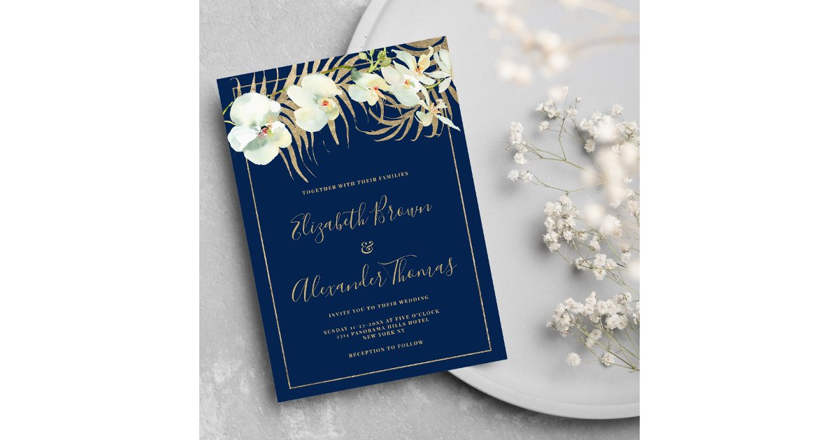 Chic navy blue gold elegant orchid floral wedding invitation | Zazzle