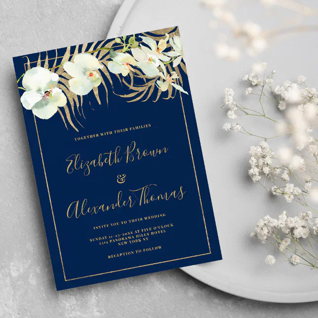Chic navy blue gold elegant orchid floral wedding invitation | Zazzle