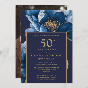 Chic Navy Blue Gold Floral 50th Anniversary Photo Invitation