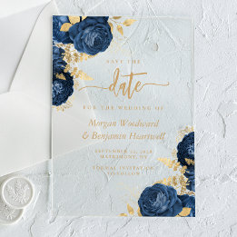 Chic Navy Blue Gold Floral Wedding Save the Date