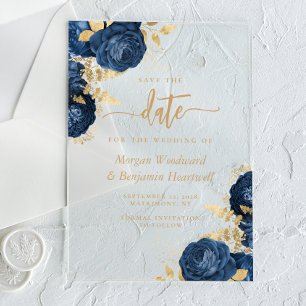 Chic Navy Blue Gold Floral Wedding Save the Date Acrylic Invitations