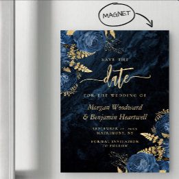 Chic Navy Blue Gold Floral Wedding Save the Date Magnetic Invitation