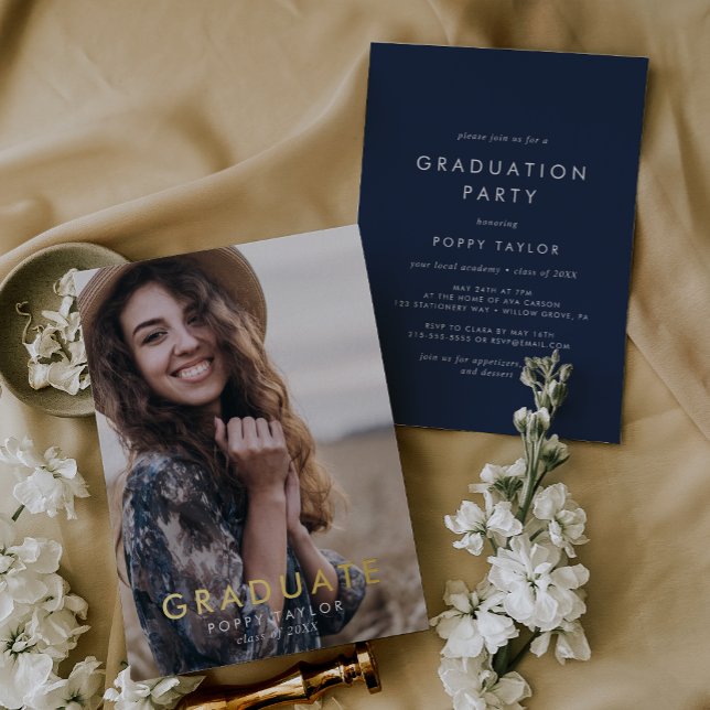 Chic Navy Blue Gold Foil Photo Graduation Party Invitation (Creator Uploaded)