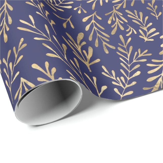 Chic Navy Blue Gold Foliage Pattern  Wrapping Paper (Roll Corner)