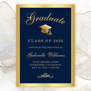 Chic Navy Blue Gold Frame Script Graduation Announcement