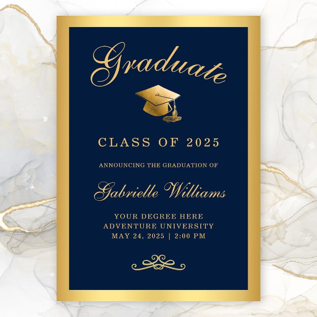 Chic Navy Blue Gold Frame Script Graduation Announcement (Chic Navy Blue Gold Border Typography Graduation Announcement)