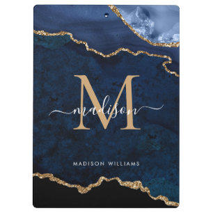 Chic Navy Blue Gold Glitter Agate Geode Monogram Clipboard