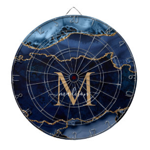 Chic Navy Blue Gold Glitter Agate Geode Monogram Dart Board