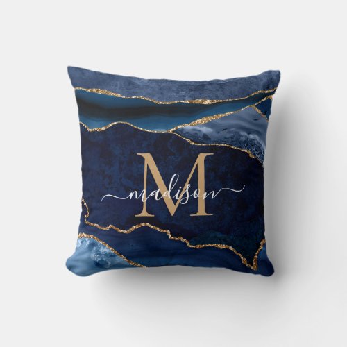 Chic Navy Blue Gold Glitter Agate Geode Monogram Throw Pillow
