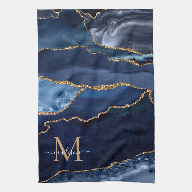 Chic Navy Blue Gold Glitter Geode Marble Monogram Kitchen Towel (Vertical)