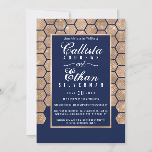 Chic Navy Blue Gold Glitter Hexagon Geo Wedding Invitation