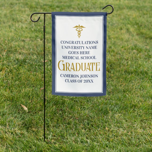 Chic Navy Blue Gold Medical School Graduate Garden Flag (In SItu)